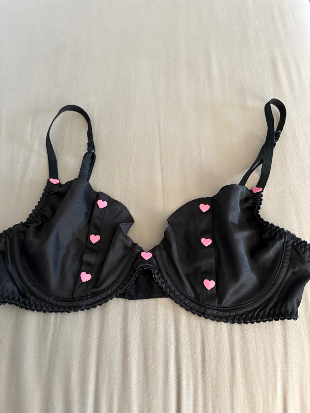 Victoria's Secret Black panty and bra set  with Pink Heart Buttons NEVER WORN
